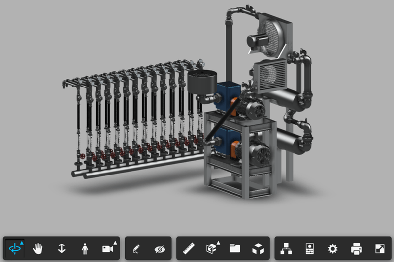 3D CAD model of a PRM treatment skid with manifold piping, pumps, and a blower package