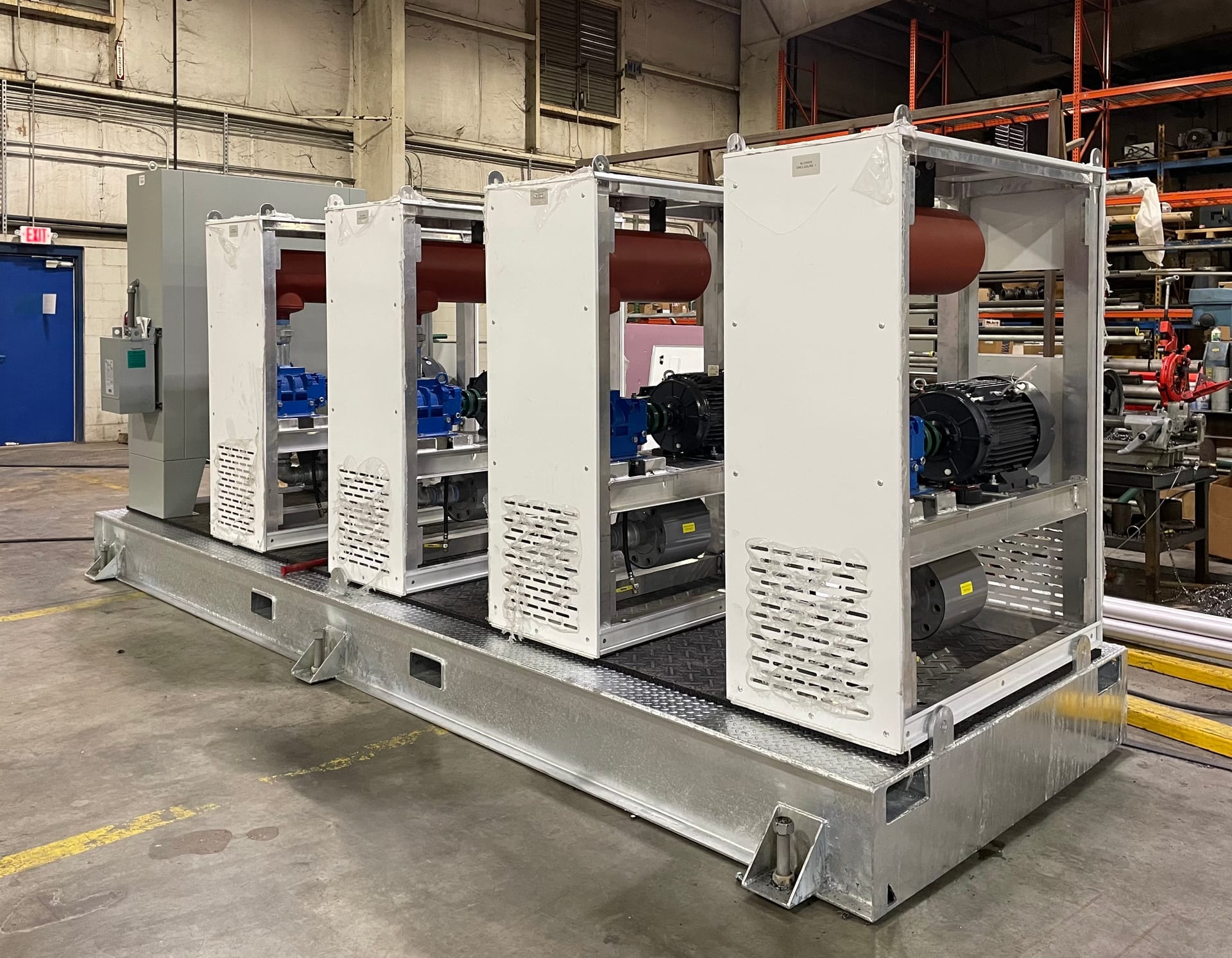PRM foam fractionation blower skid with enclosed blower units on a galvanized containment skid