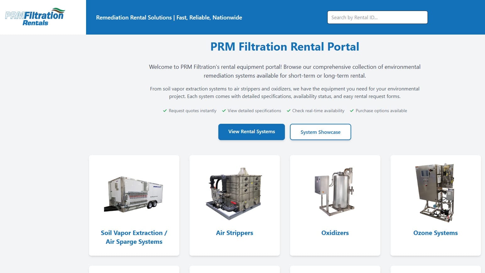 PRM Filtration rental portal web interface