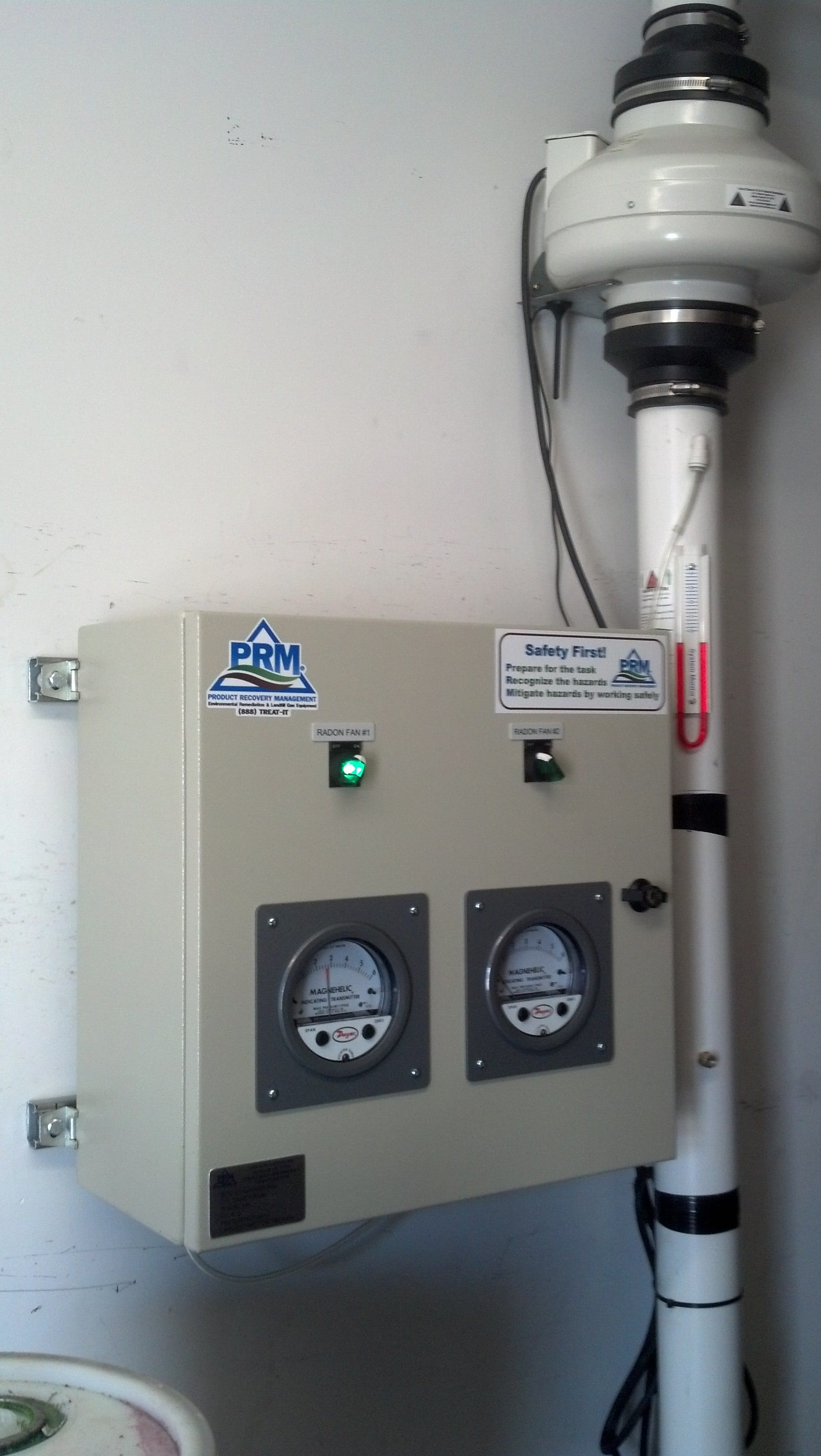 PRM sub-slab depressurization vapor mitigation control panel with radon fan and piping