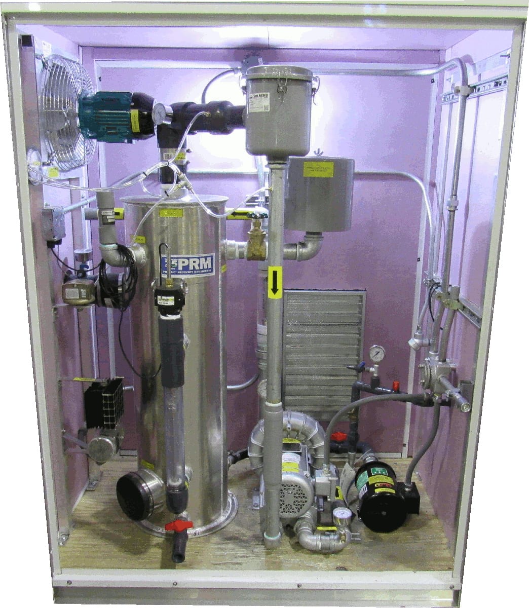 PRM skid-mounted vapor mitigation system with vessel, blower, and instrumentation in an enclosure