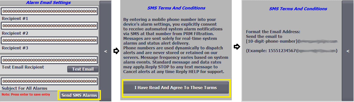HMI screens: alarm email settings, the SMS terms acknowledgement, and the SMS recipient address format
